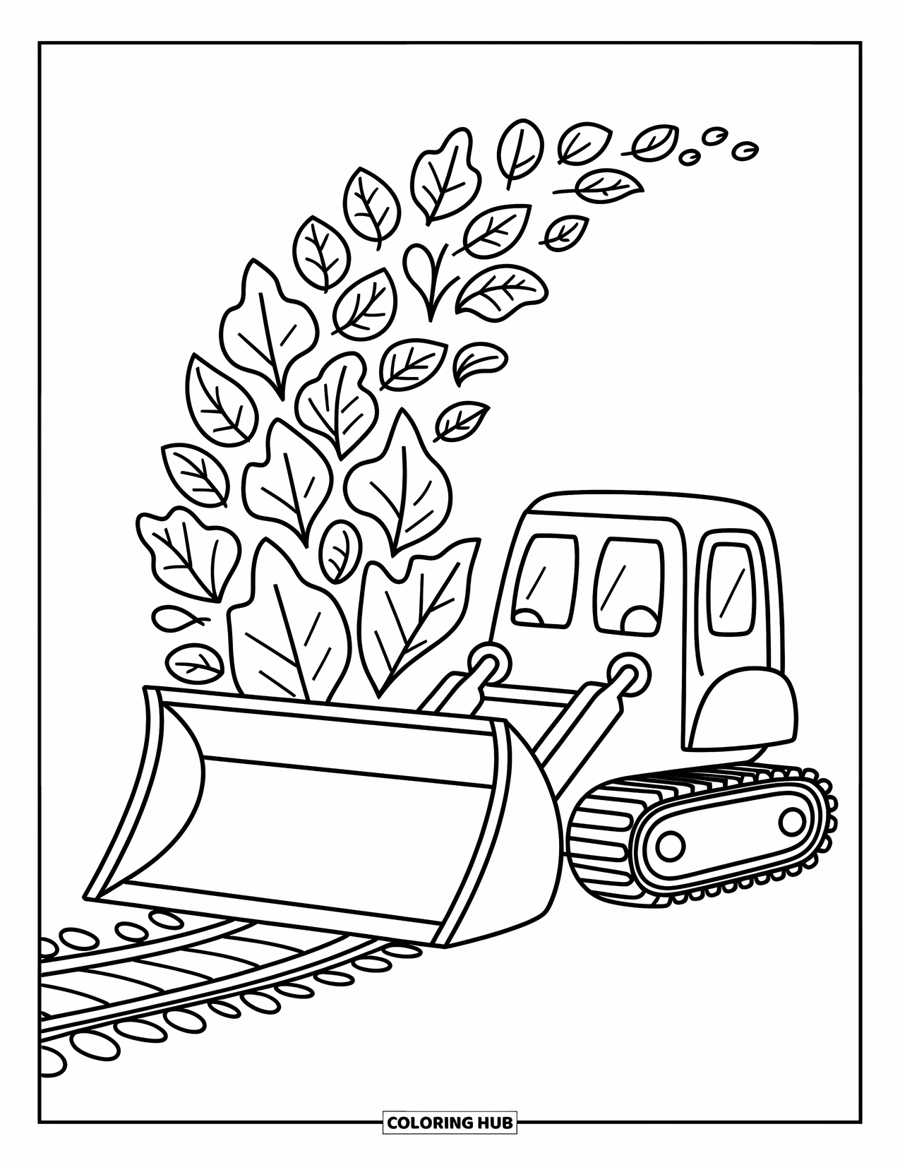 Bulldozer Coloring Page for Adults: Bulldozer drives through leaf piles with adorable lines and cozy shapes