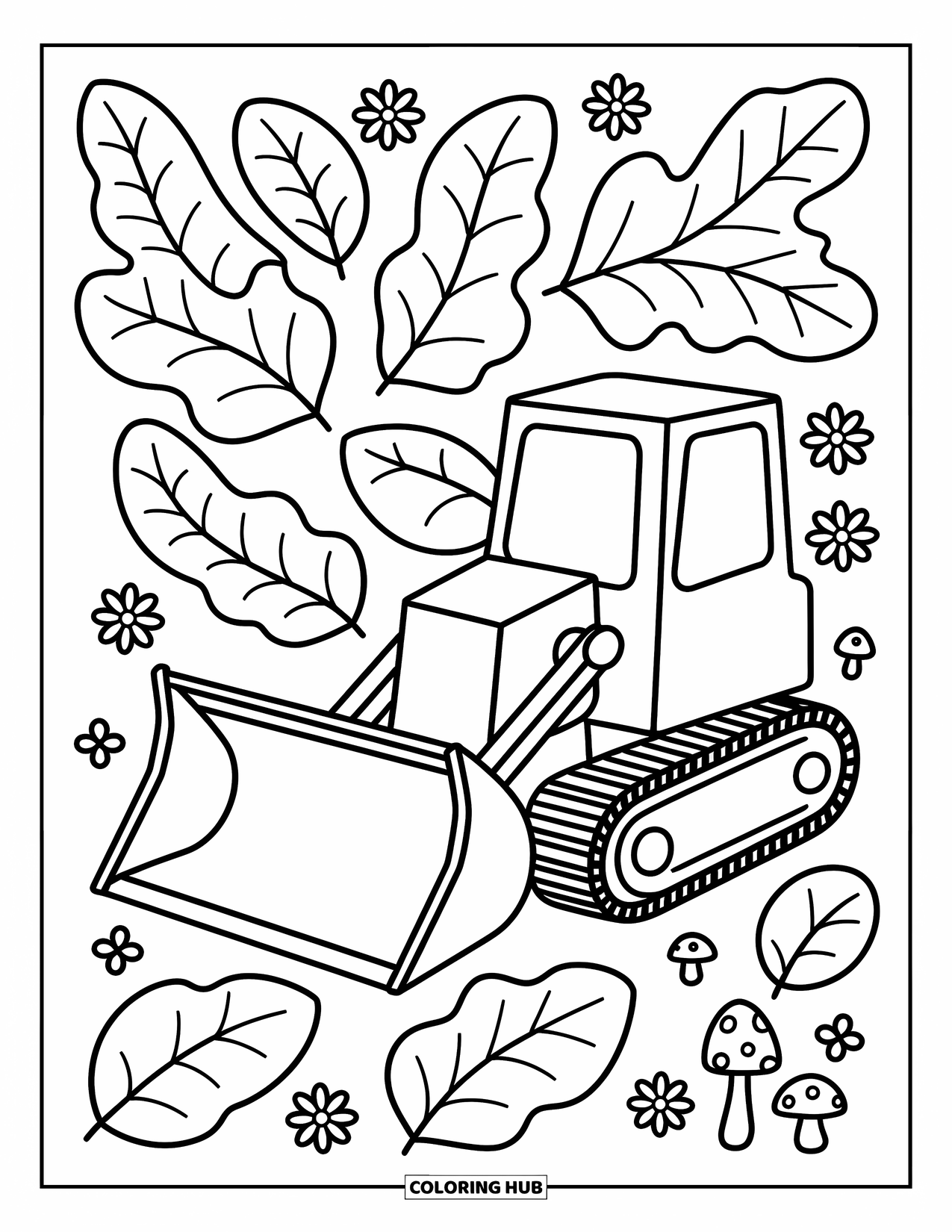 Bulldozer Coloring Page for Adults: Bulldozer drives through whimsical leaves with tiny flowers and mushrooms nearby