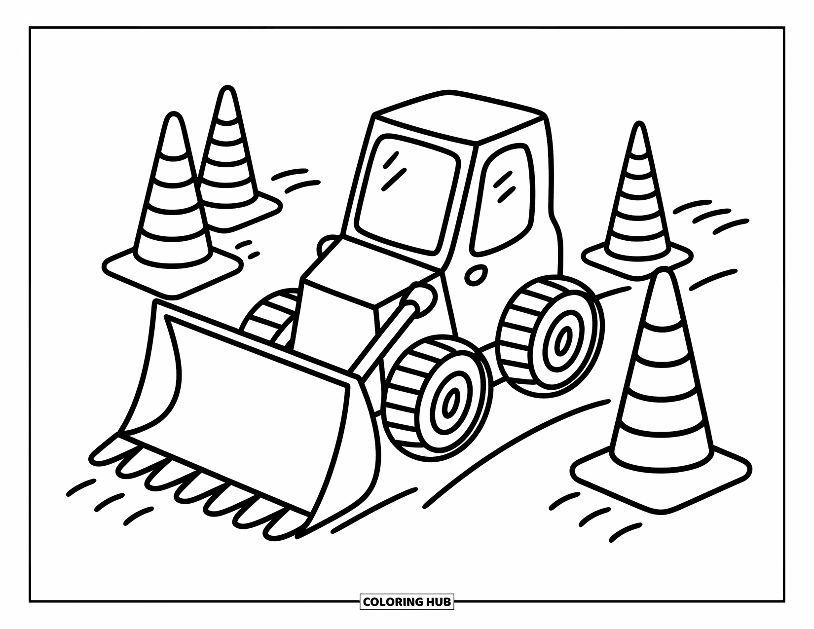 Bulldozer Coloring Page for Adults: Bulldozer gently steers between puffy cones with dotted accents