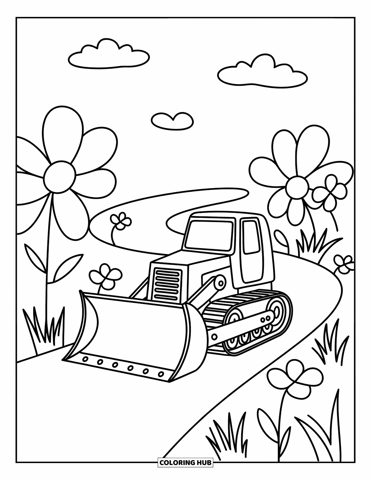 Bulldozer Coloring Page for Adults: Bulldozer glides along a curvy trail with flowers and soft, puffy clouds