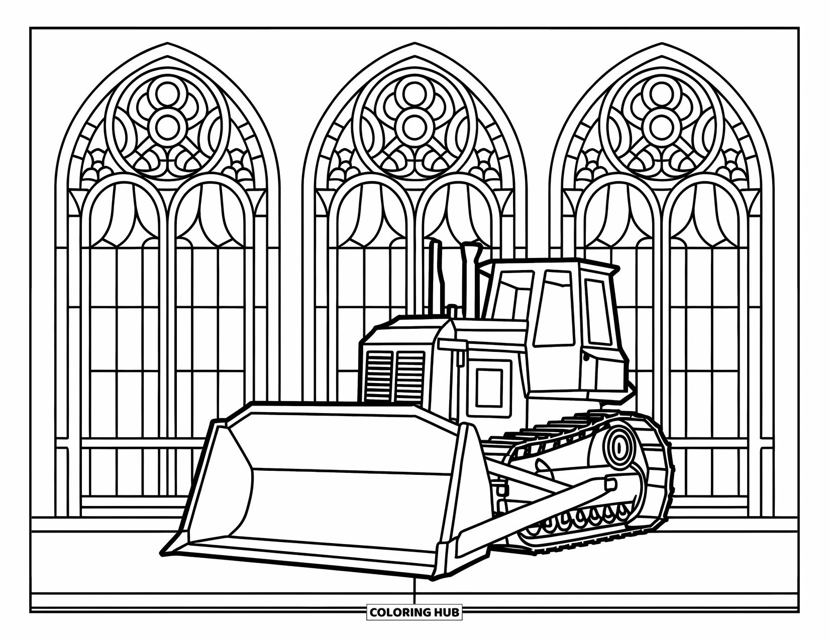 Bulldozer Coloring Page for Adults: Bulldozer in a stained glass archway with decorative patterns and peaceful vibes