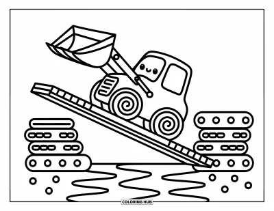 Yetişkinler için buldozer boyama sayfası: Buldozer, düzenli tahta kiriş istiflerinin yanında ahşap plankaları kaldırıyor