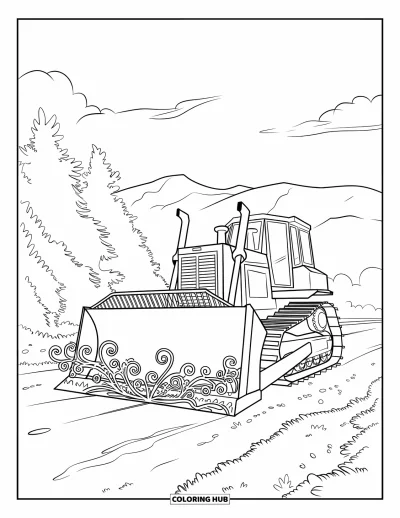 Yetişkinler için buldozer boyama sayfası: Buldozer, botanik kıvrımlar ve dağ manzarasıyla toprak bir yolda ilerliyor