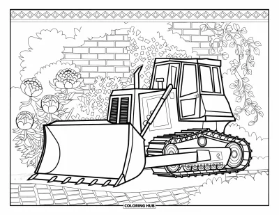 Yetişkinler için buldozer boyama sayfası: Buldozer, sarmaşıklarla kaplı duvarların yanında çiçekli mozaik kenarlıklı kaldırım taşları üzerinde