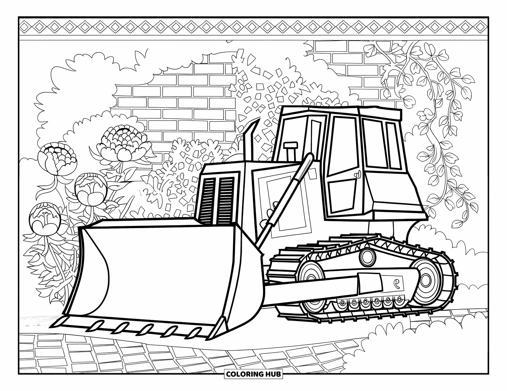 Bulldozer Coloring Page for Adults: Bulldozer on cobblestones beside ivy-covered walls and floral mosaic edges