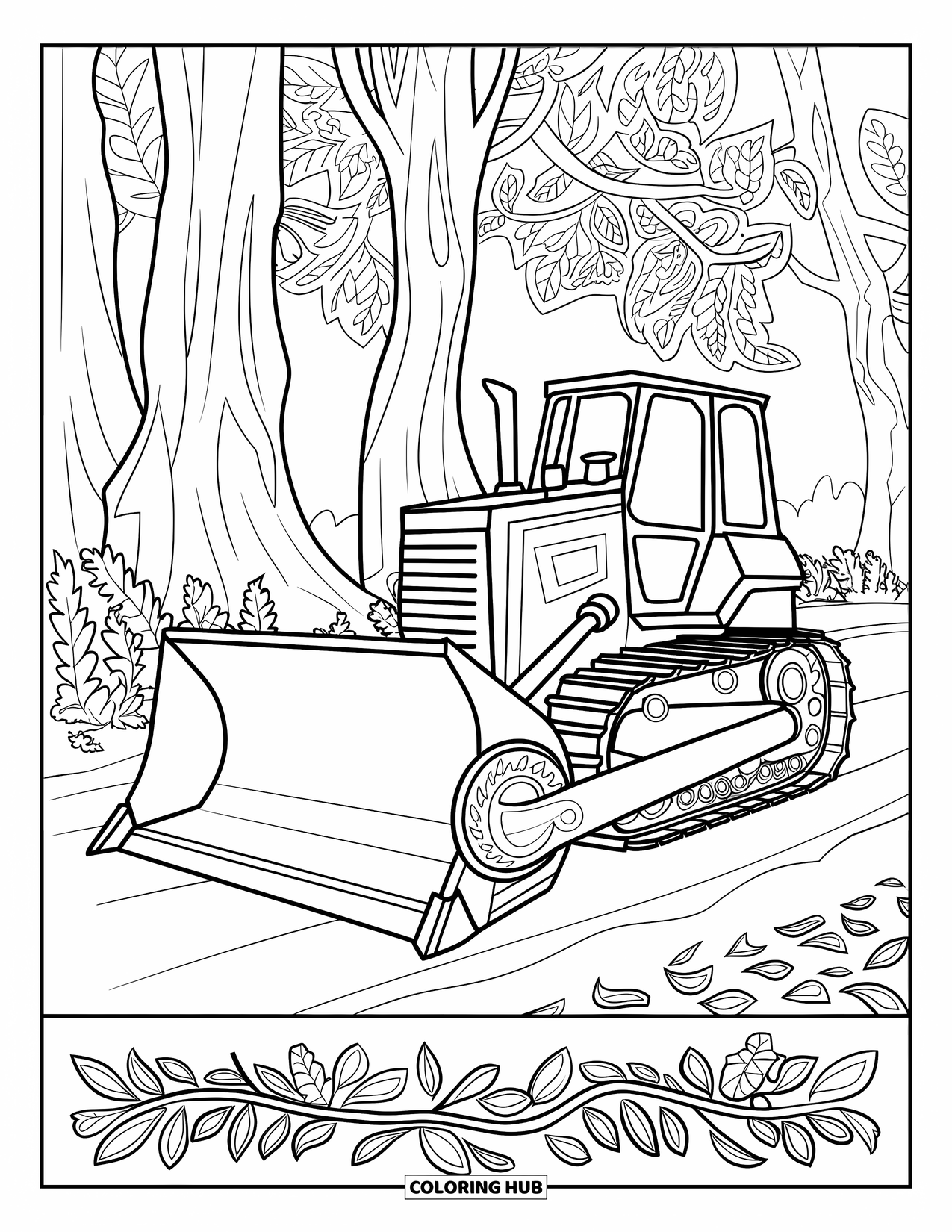 Bulldozer Coloring Page for Adults: Bulldozer parked in a forest with scrollwork around the blade and leafy borders