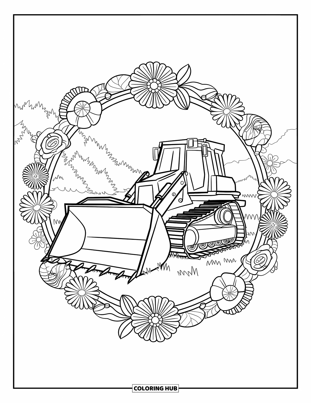 Bulldozer Coloring Page for Adults: Bulldozer parked in a grassy field within a floral mandala