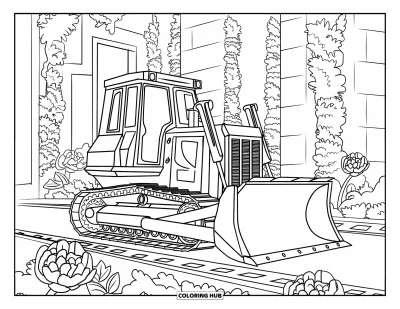 Yetişkinler için buldozer boyama sayfası: Buldozer, sarmaşık, şakayık çiçekleri ve mozaik bordürlerle kaplı bir yola park etmiş