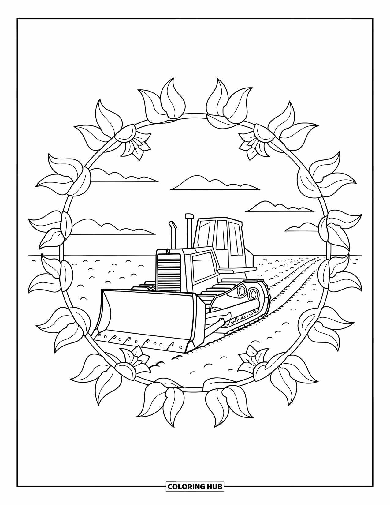 Bulldozer Coloring Page for Adults: Bulldozer pushes earth, framed by symmetrical leaves under a calm sky
