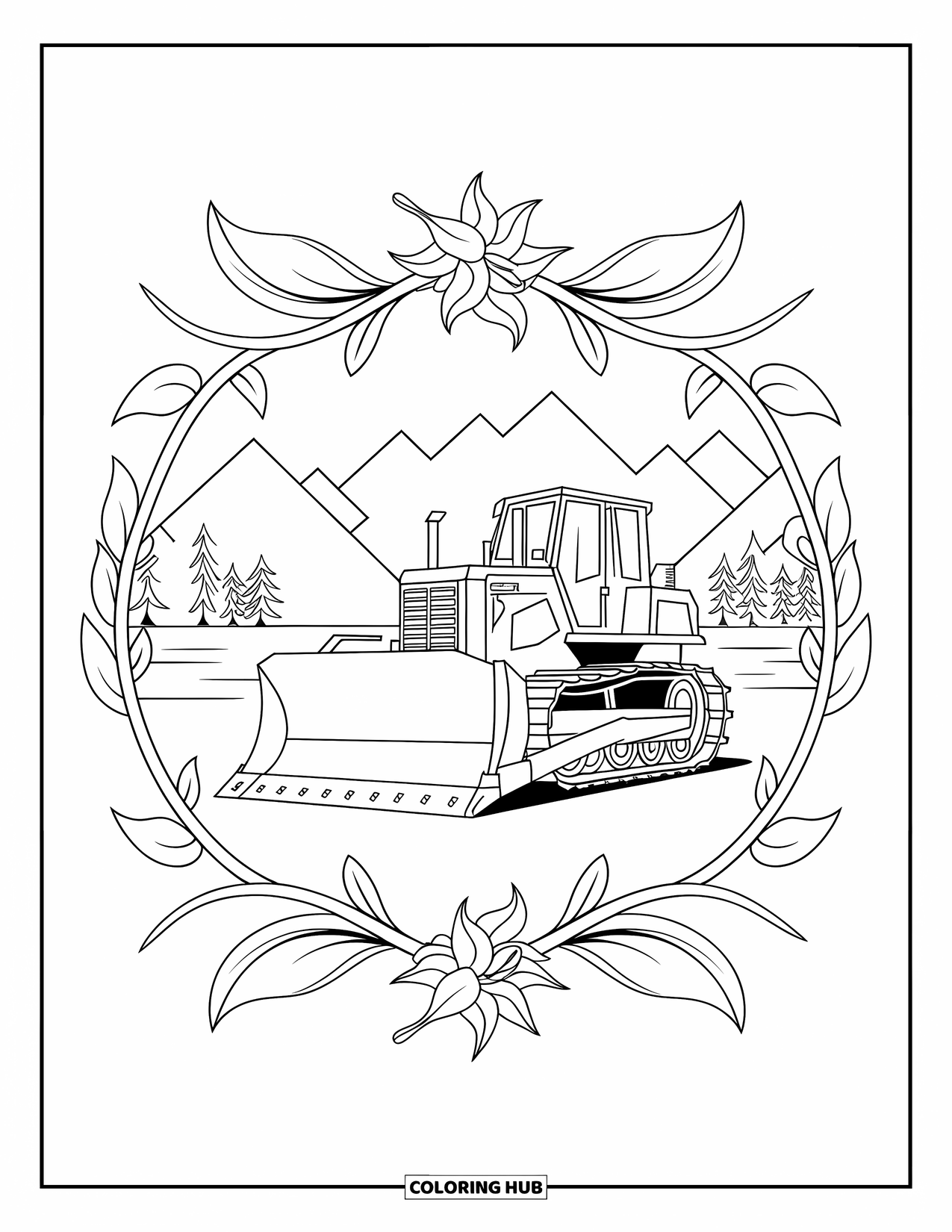 Bulldozer Coloring Page for Adults: Bulldozer pushing earth surrounded by lilies and leafy symmetry