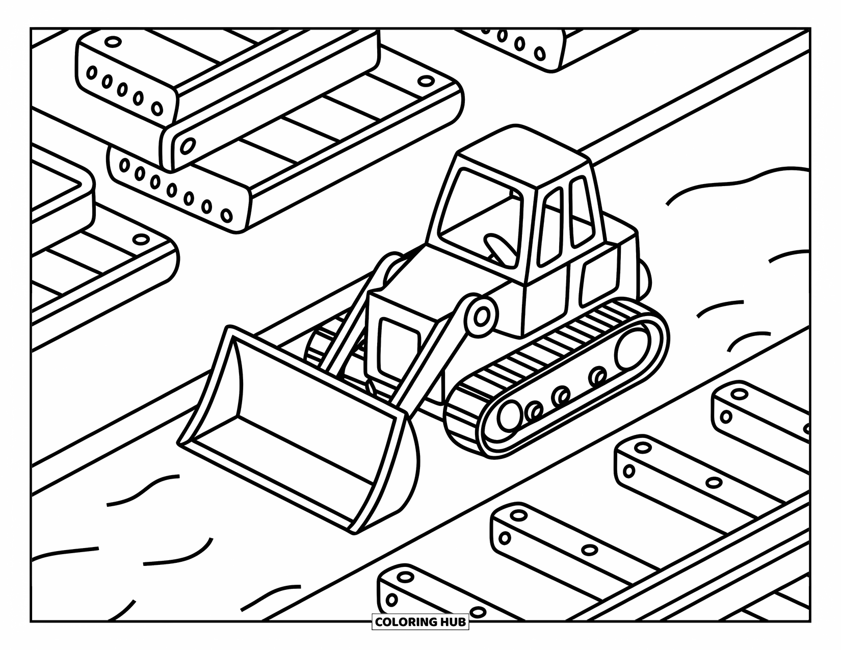 Bulldozer Coloring Page for Adults: Bulldozer raises a plank near a stream and playful little rivets