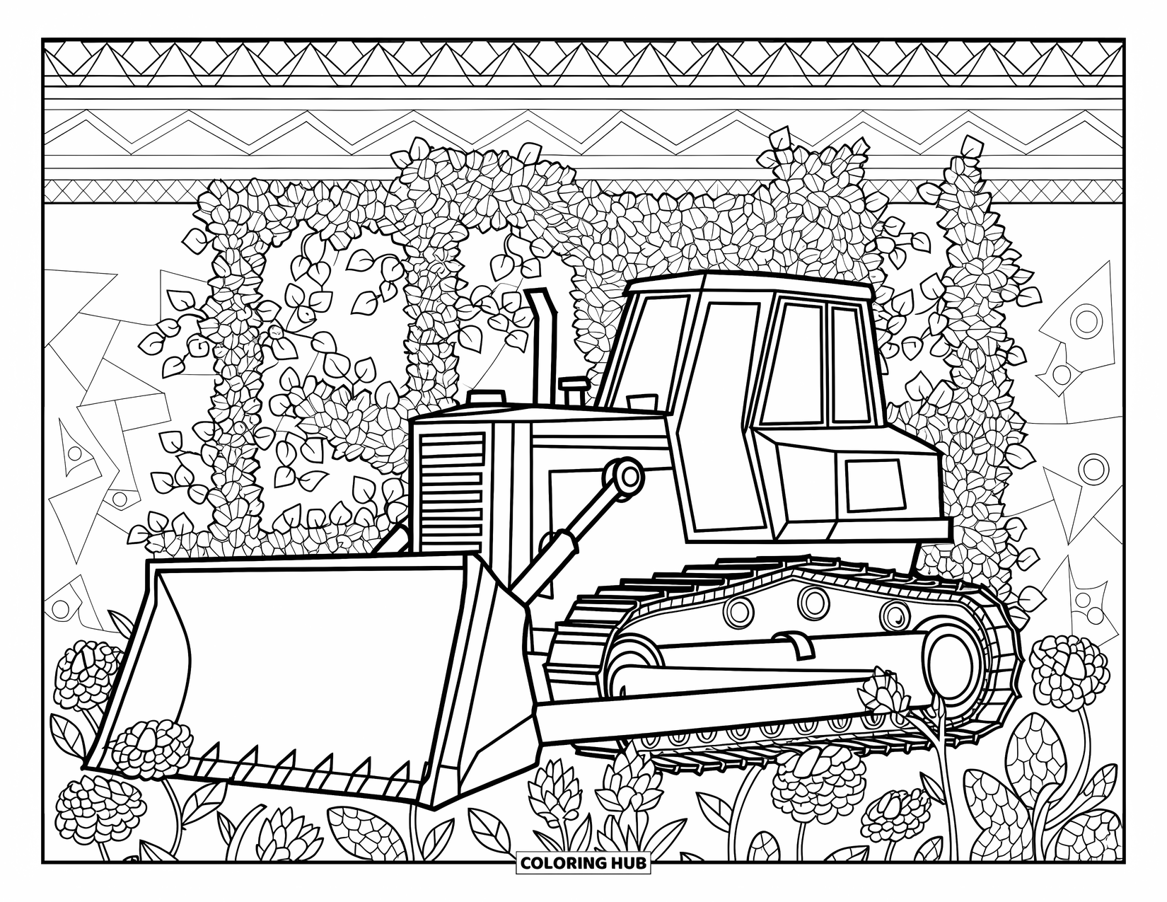 Bulldozer Coloring Page for Adults: Bulldozer rests in a flower-filled garden wrapped in ivy and mosaic patterns