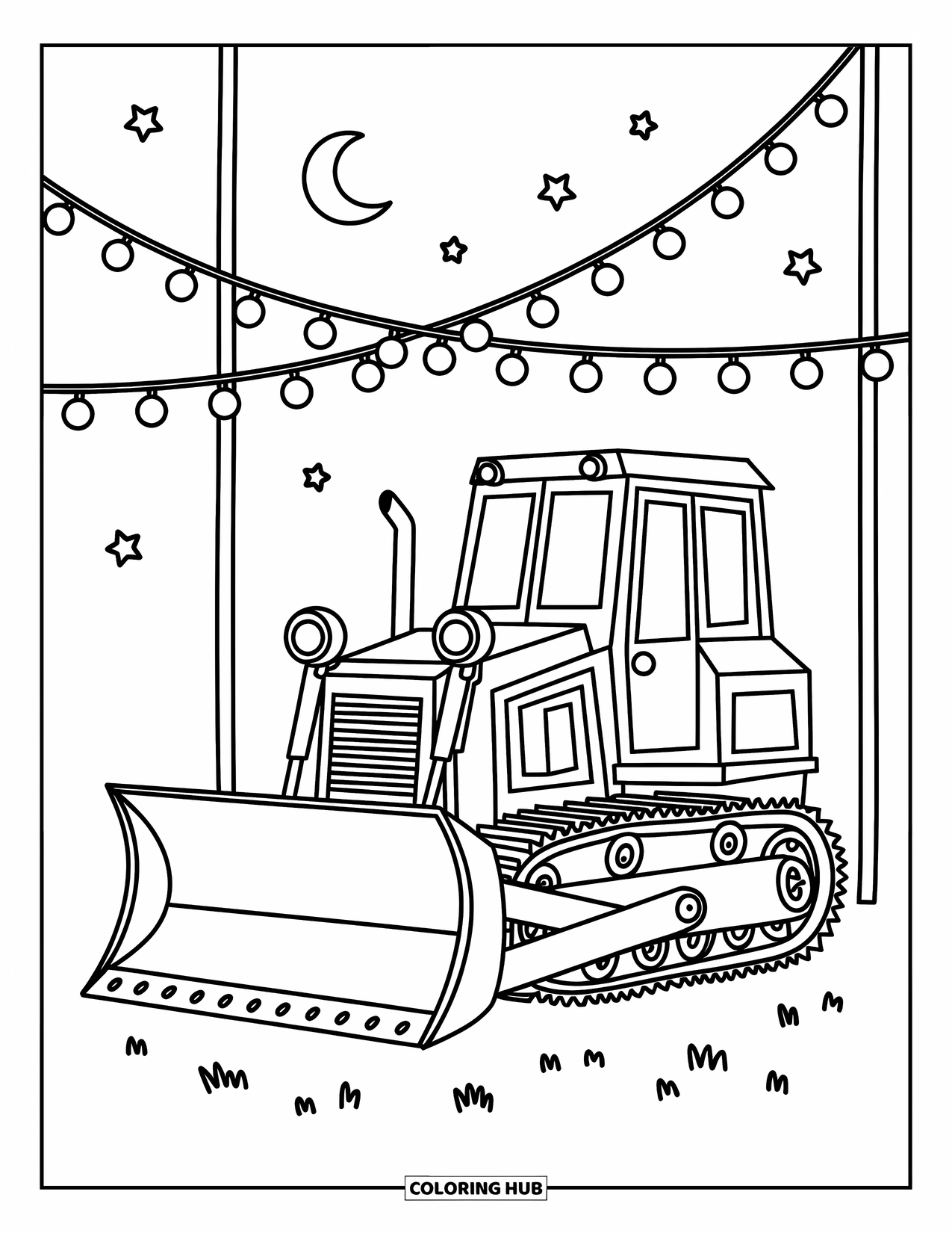 Bulldozer Coloring Page for Adults: Bulldozer rests under string lights, surrounded by stars and cozy night vibes