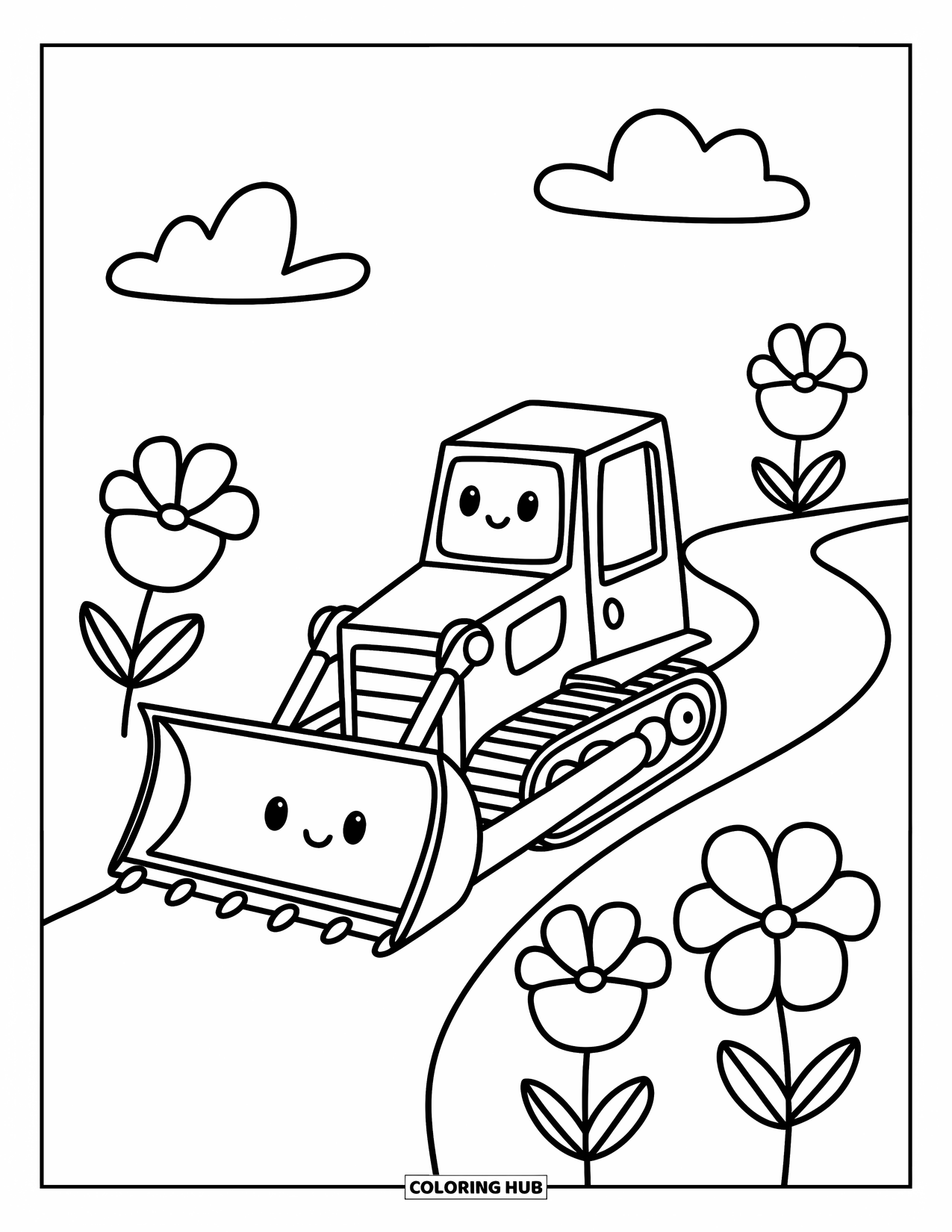 Bulldozer Coloring Page for Adults: Bulldozer rolls a winding path lined with oversized flowers and fluffy clouds