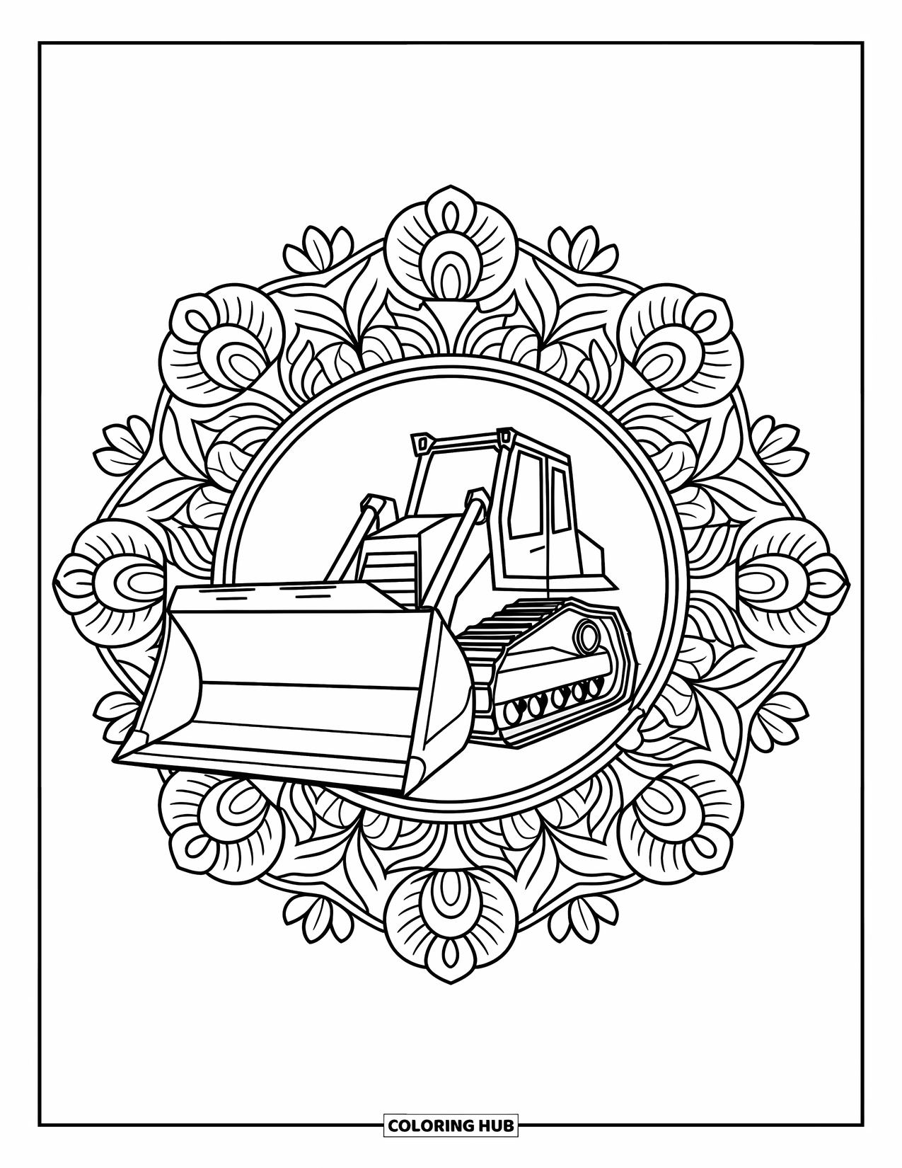 Bulldozer Coloring Page for Adults: Bulldozer sits inside a circle of flowers and vines in mandala style