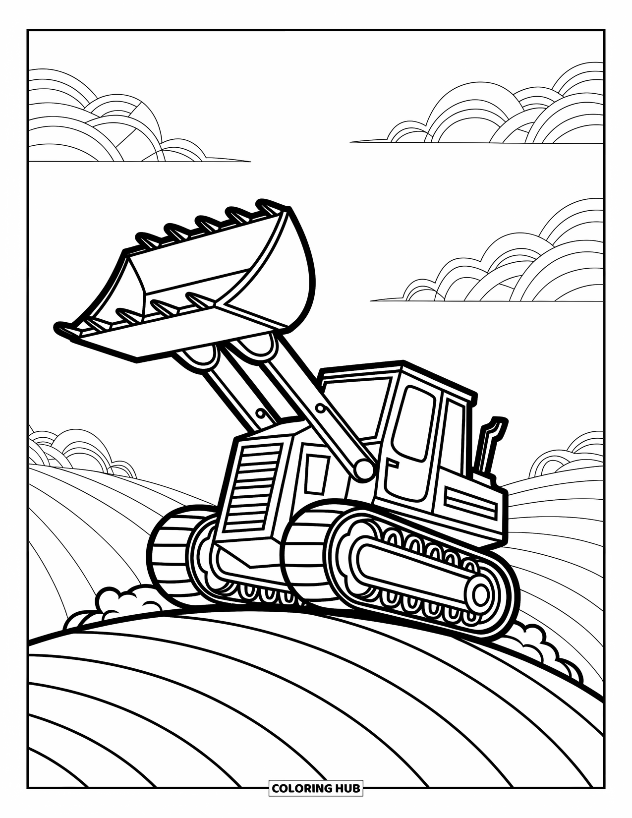 Bulldozer Coloring Page for Adults: Bulldozer stands tall on a hill with soft curves and cozy clouds
