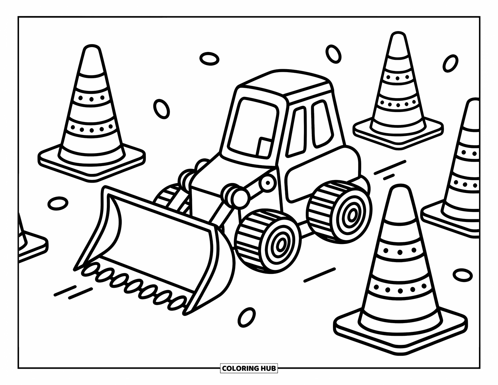 Bulldozer Coloring Page for Adults: Bulldozer weaves around cute striped cones with playful motion lines