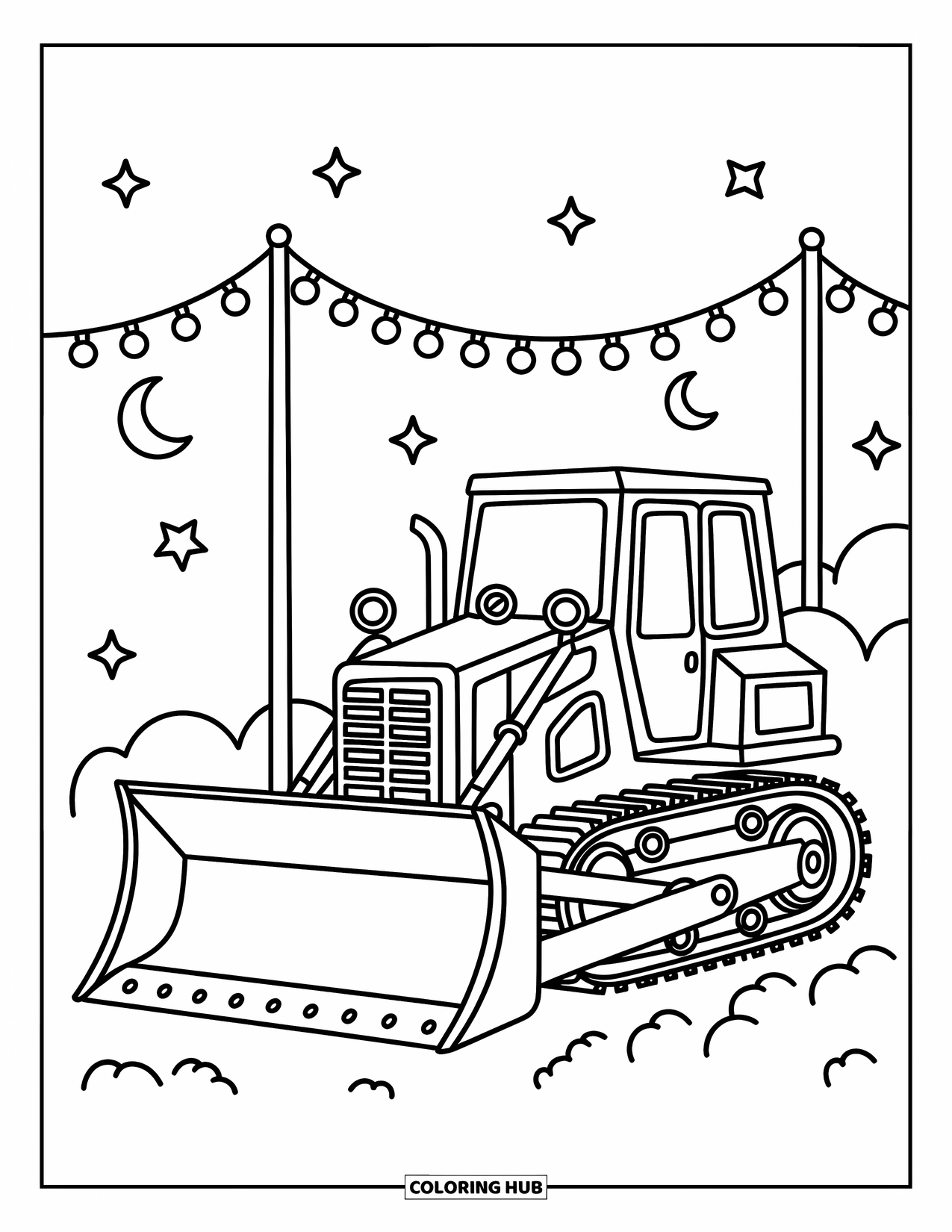 Bulldozer Coloring Page for Adults: Bulldozer with a coiled hose rests under dreamy night string lights