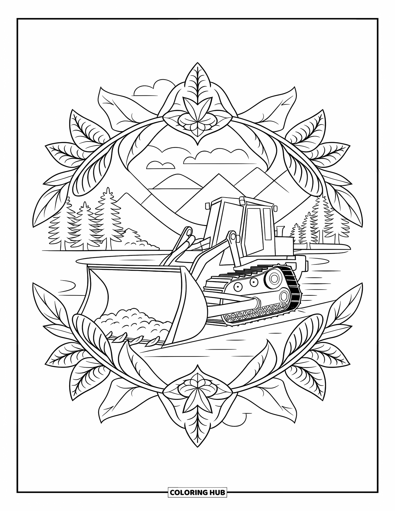 Bulldozer Coloring Page for Adults: Bulldozer works in nature, circled by lilies in a mandala-like pattern