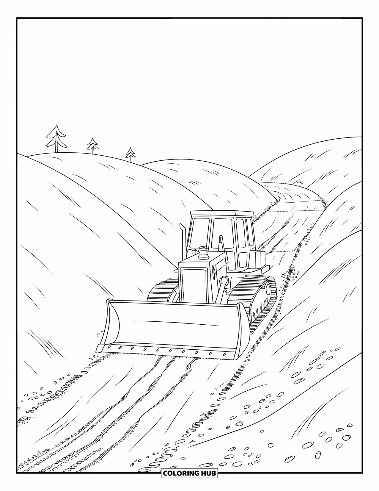 Bulldozer Coloring Page for Kids: Bold bulldozer pushes dirt between gentle hills with trees nearby