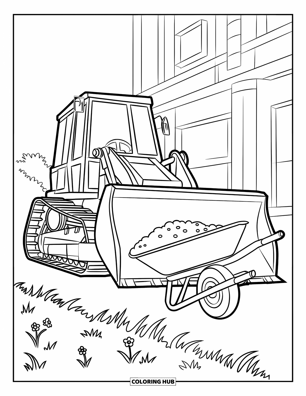Bulldozer Coloring Page for Kids: Bulldozer loads dirt into a wheelbarrow beside garden plants