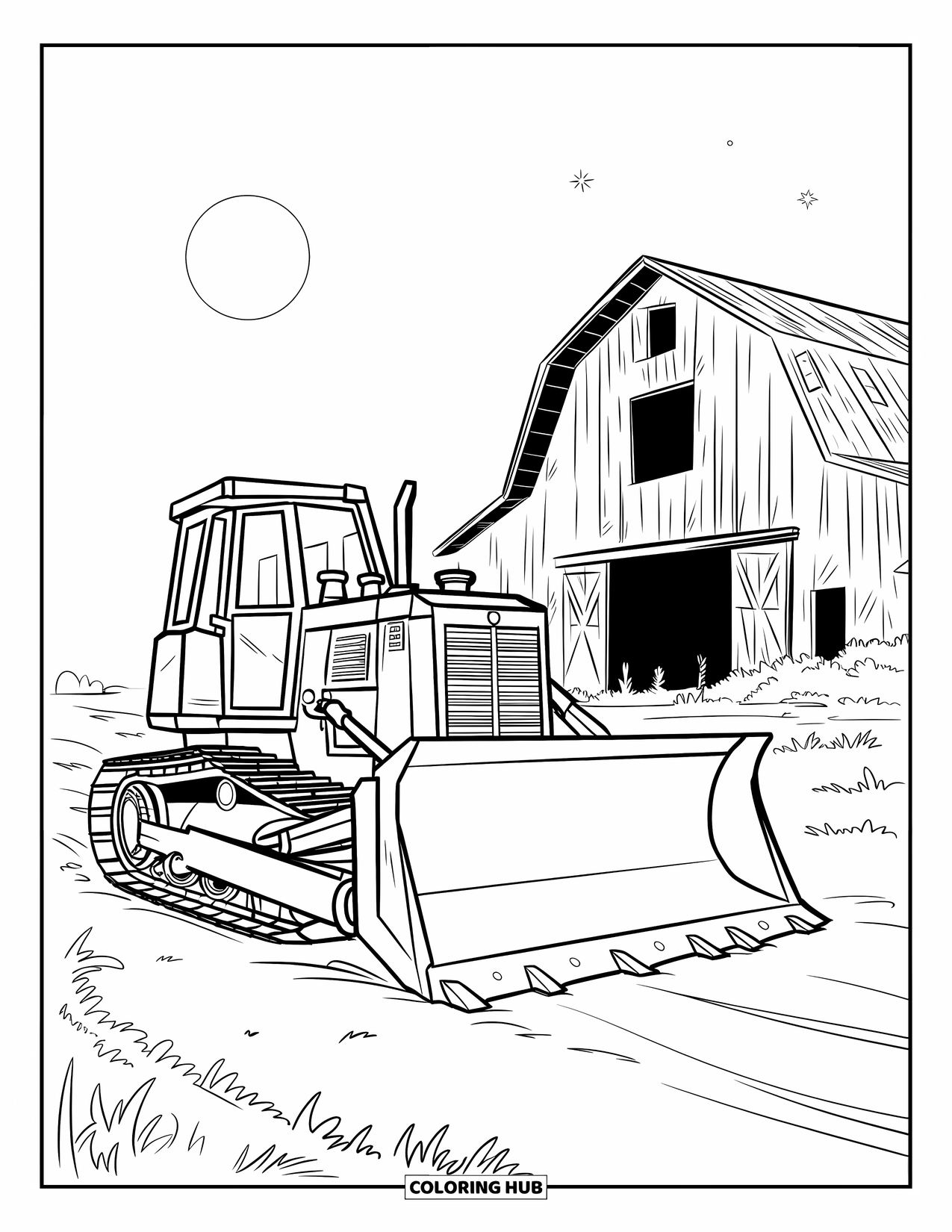 Bulldozer Coloring Page for Kids: Bulldozer near a barn on a grassy field beneath a moonlit sky
