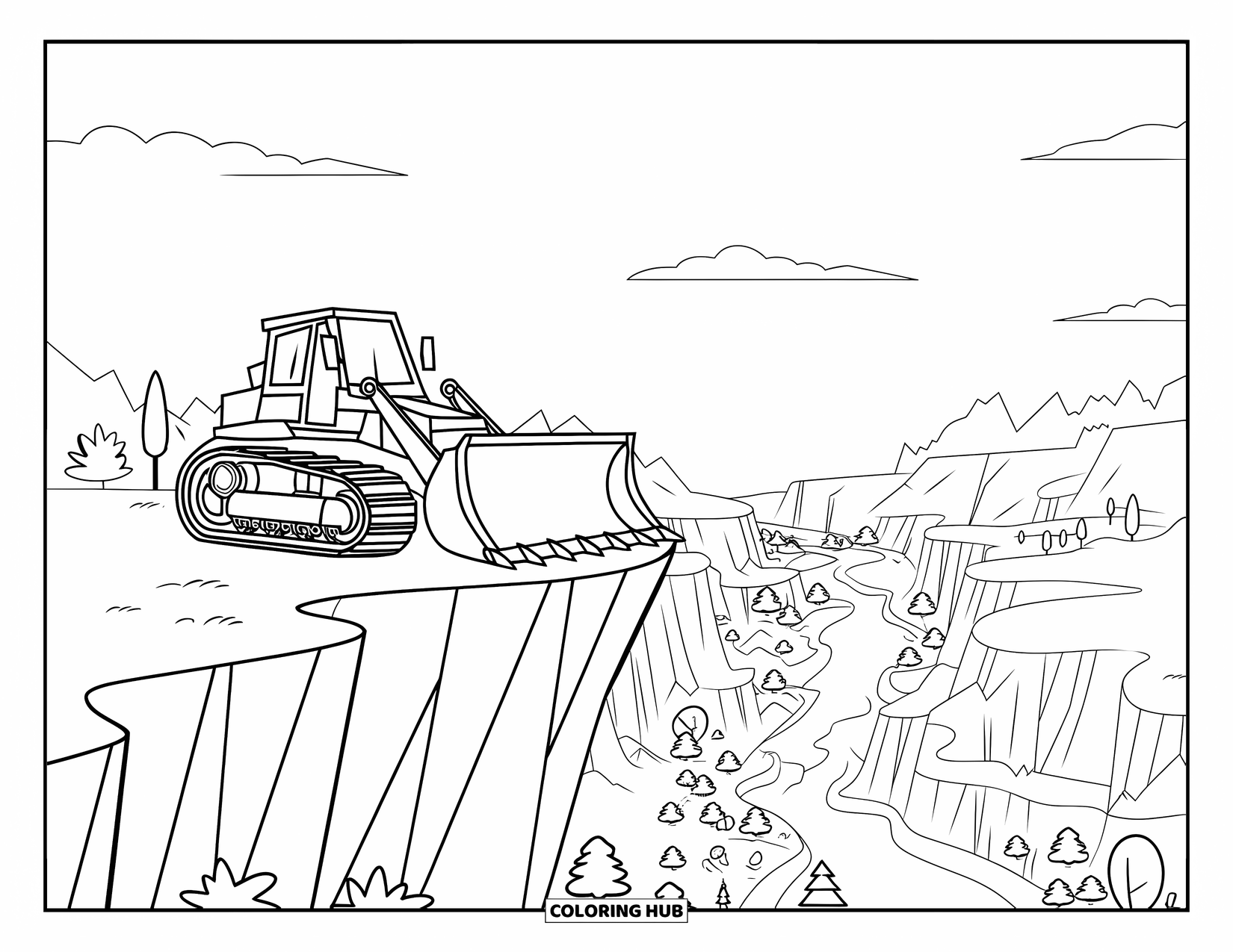 Bulldozer Coloring Page for Kids: Bulldozer near a cliff edge with trees and a winding river below