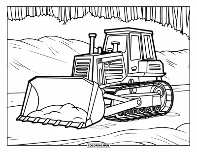 Çocuklar için buldozer boyama sayfası: Buldozer, uzun ormanın yakınında yumuşak toprak yığınının yanında dinleniyor