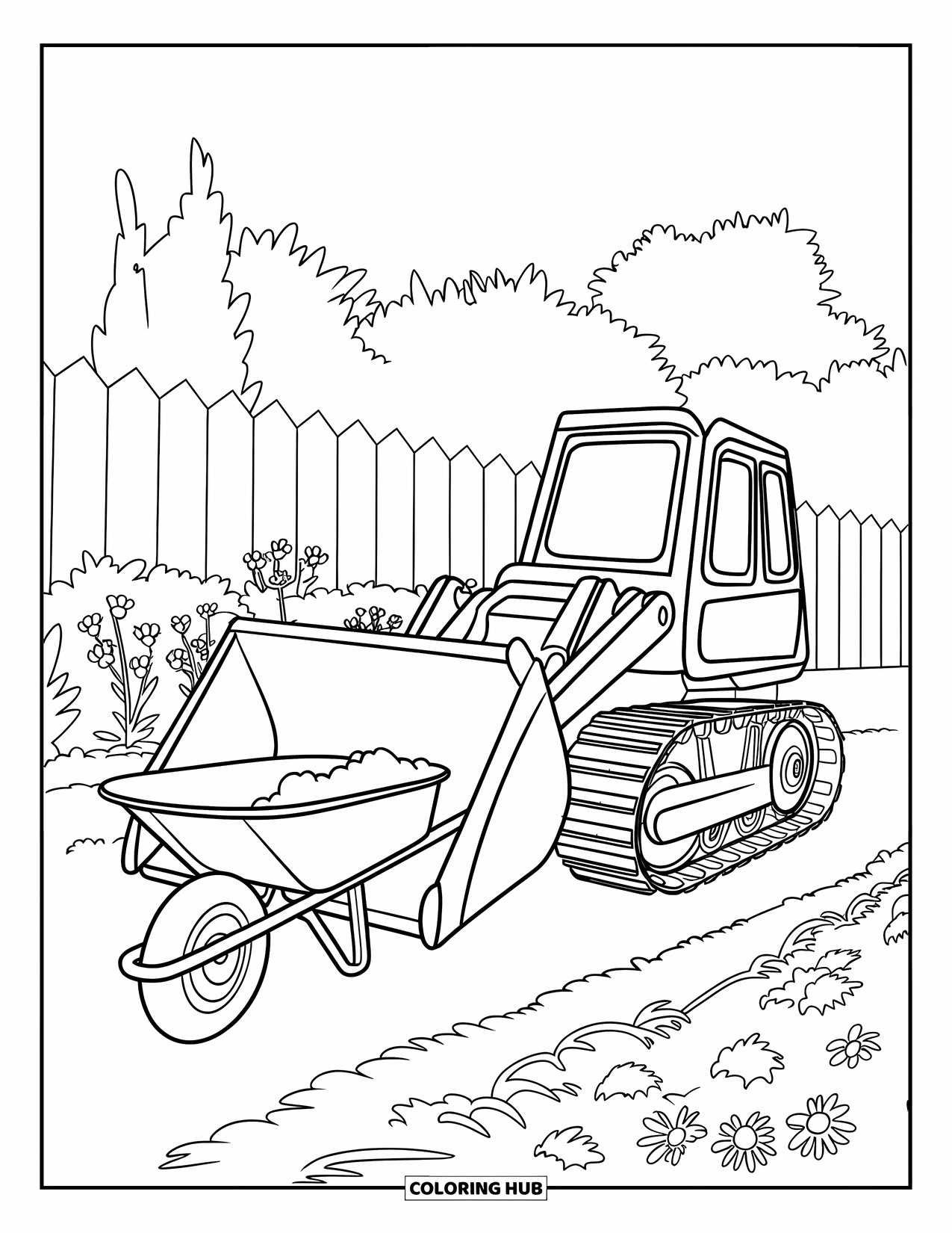 Bulldozer Coloring Page for Kids: Bulldozer scoops dirt into a wheelbarrow near a bright garden