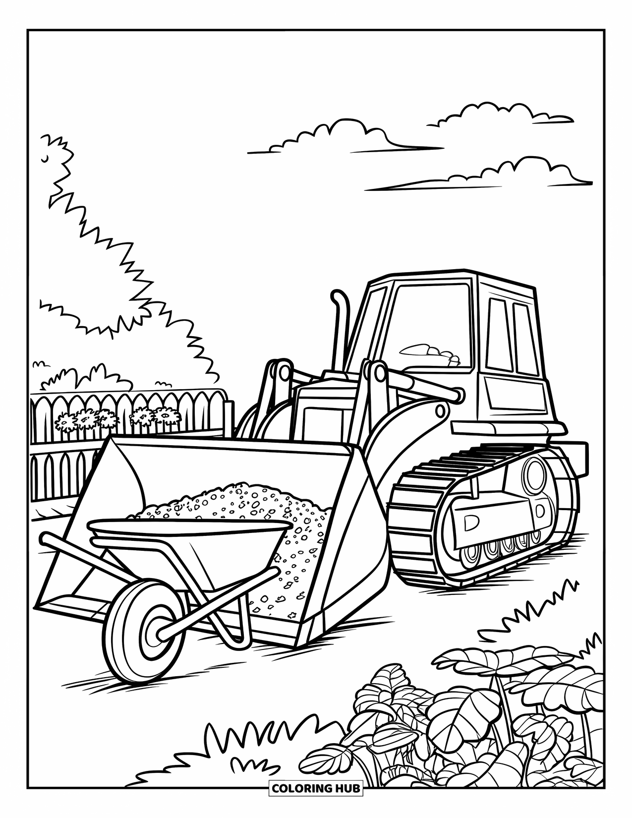 Bulldozer Coloring Page for Kids: Bulldozer scoops soil by a garden with flowers, trees, and a fence