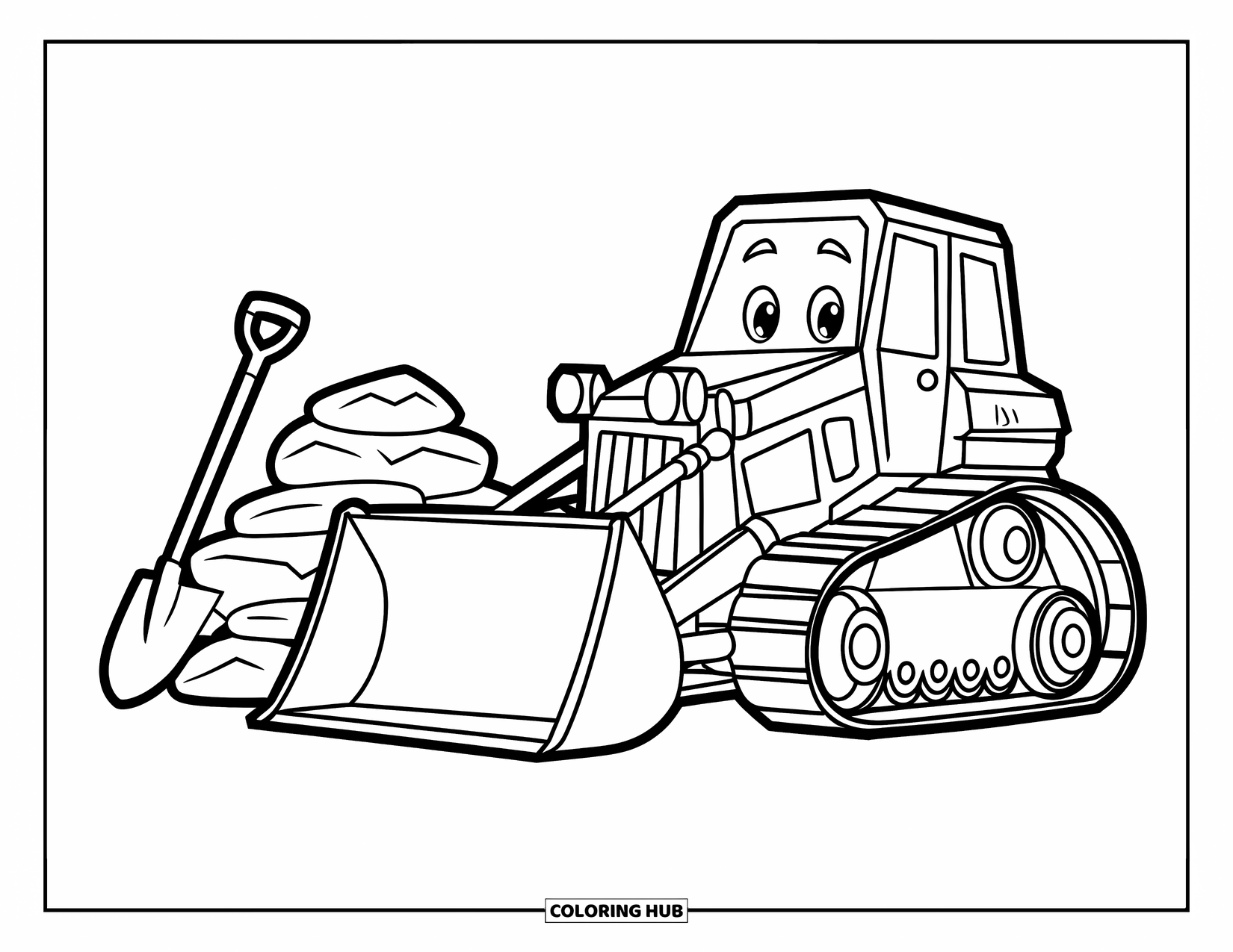 Bulldozer Coloring Page for Kids: Bulldozer with a happy face rests beside rocks and a leaning shovel