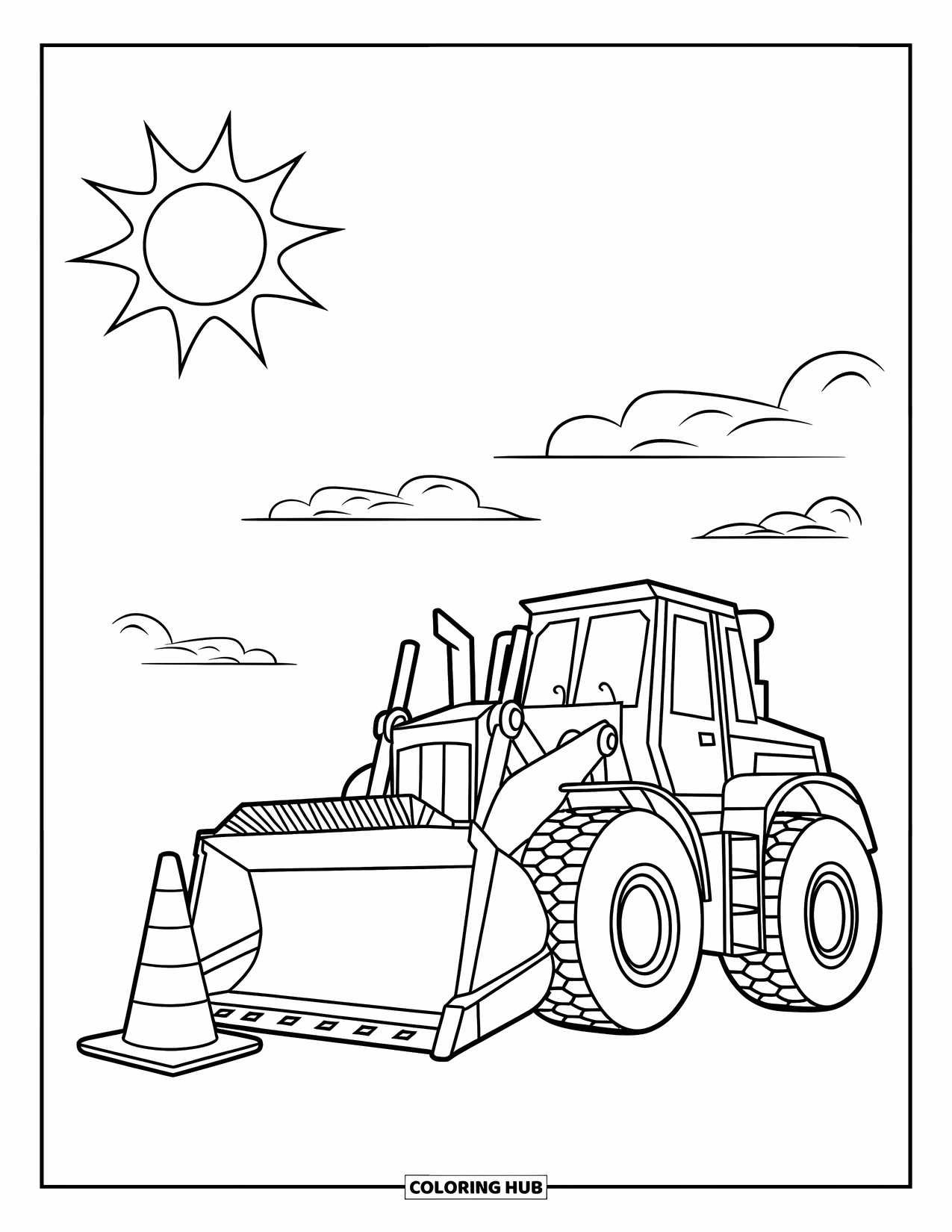 Bulldozer Coloring Page for Kids: Bulldozer with big tires sits near a cone under clear, cheerful skies