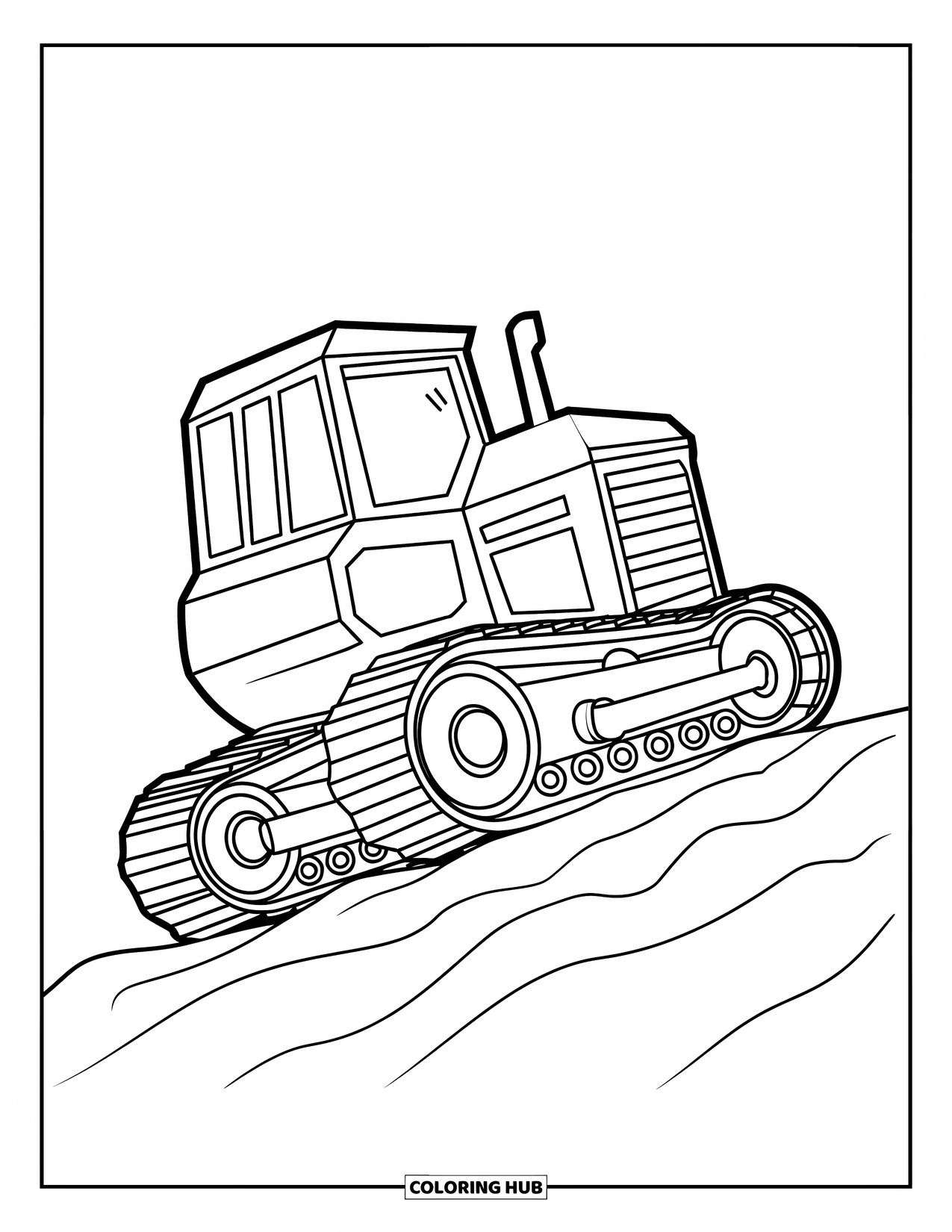 Bulldozer Coloring Page for Kids: Bulldozer with bold tracks climbs a dirt hill with a clear background