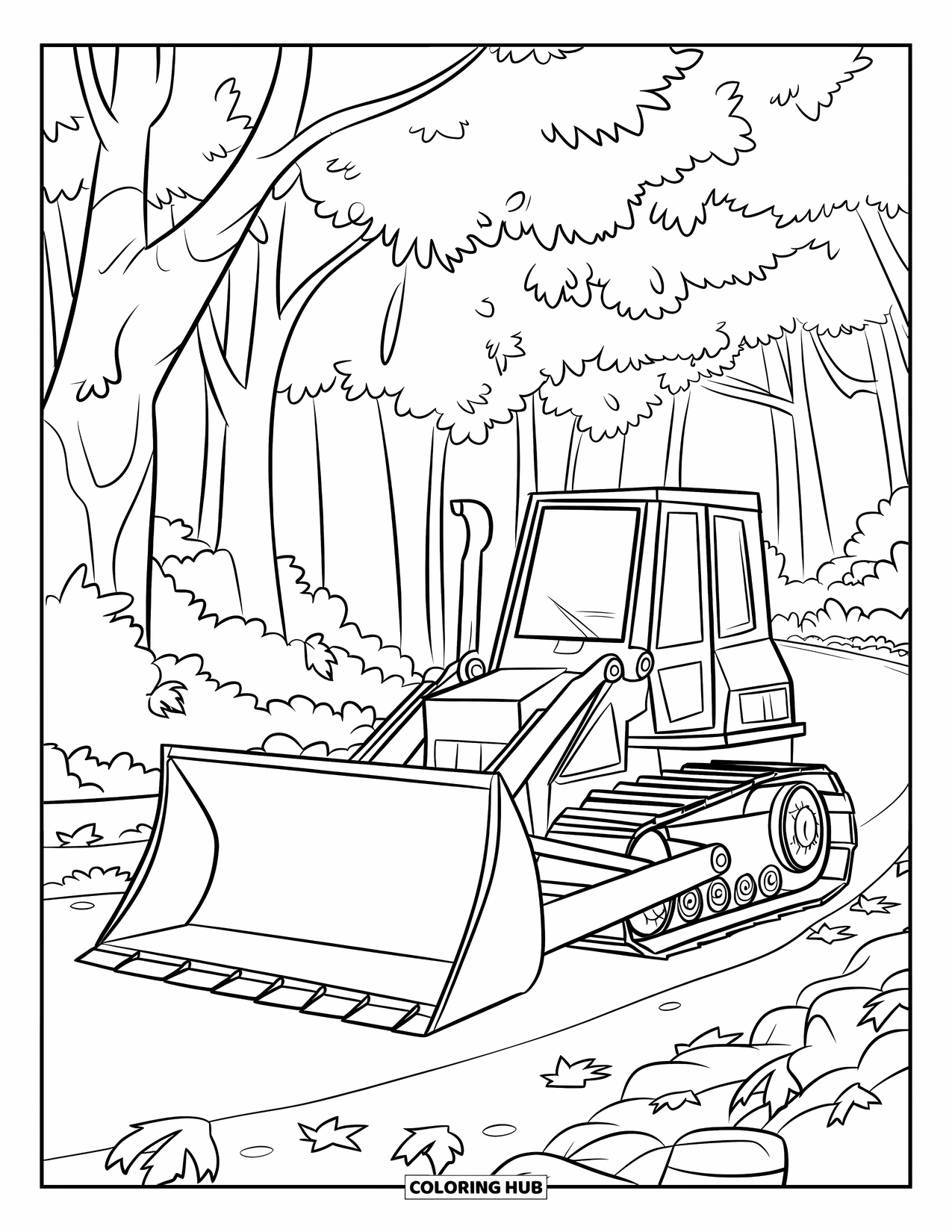 Bulldozer Coloring Page for Kids: Bulldozer works on a peaceful forest path with trees and scattered leaves