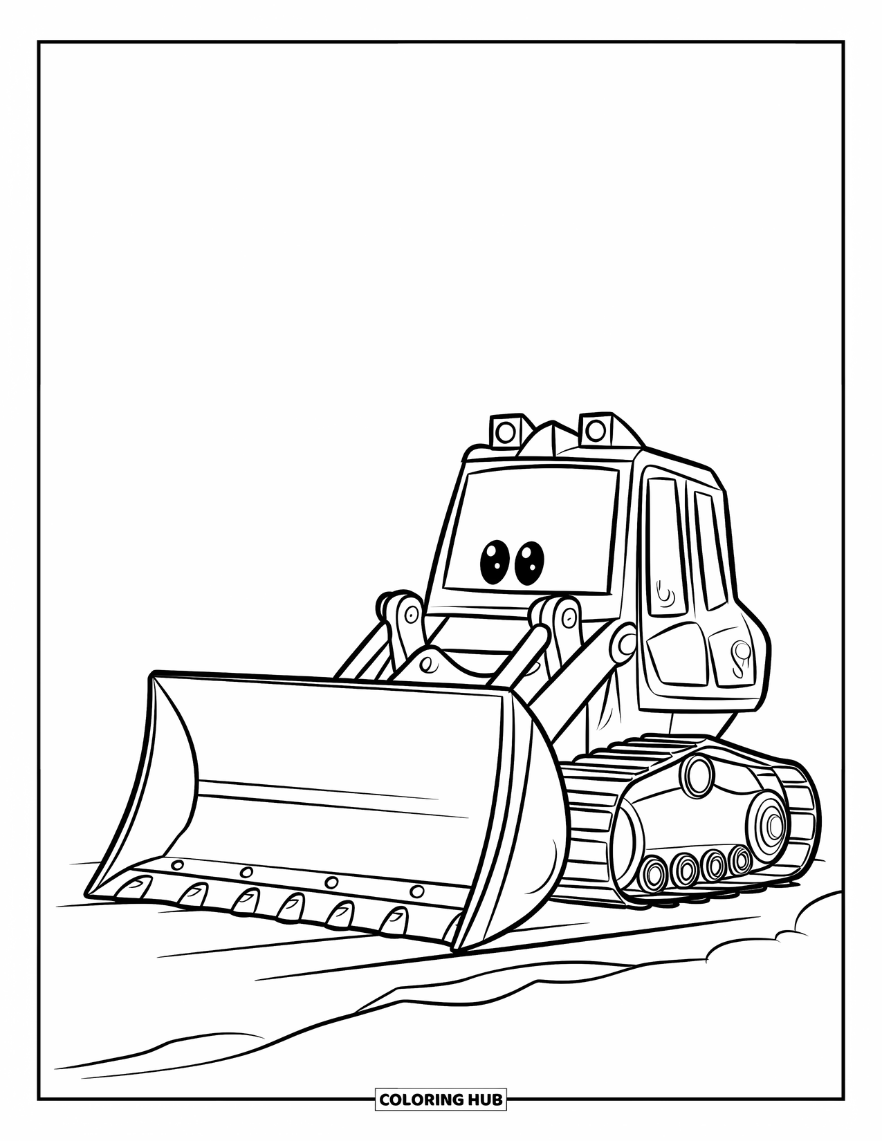 Bulldozer Coloring Page for Kids: Happy bulldozer pushes a little dirt with its big front blade