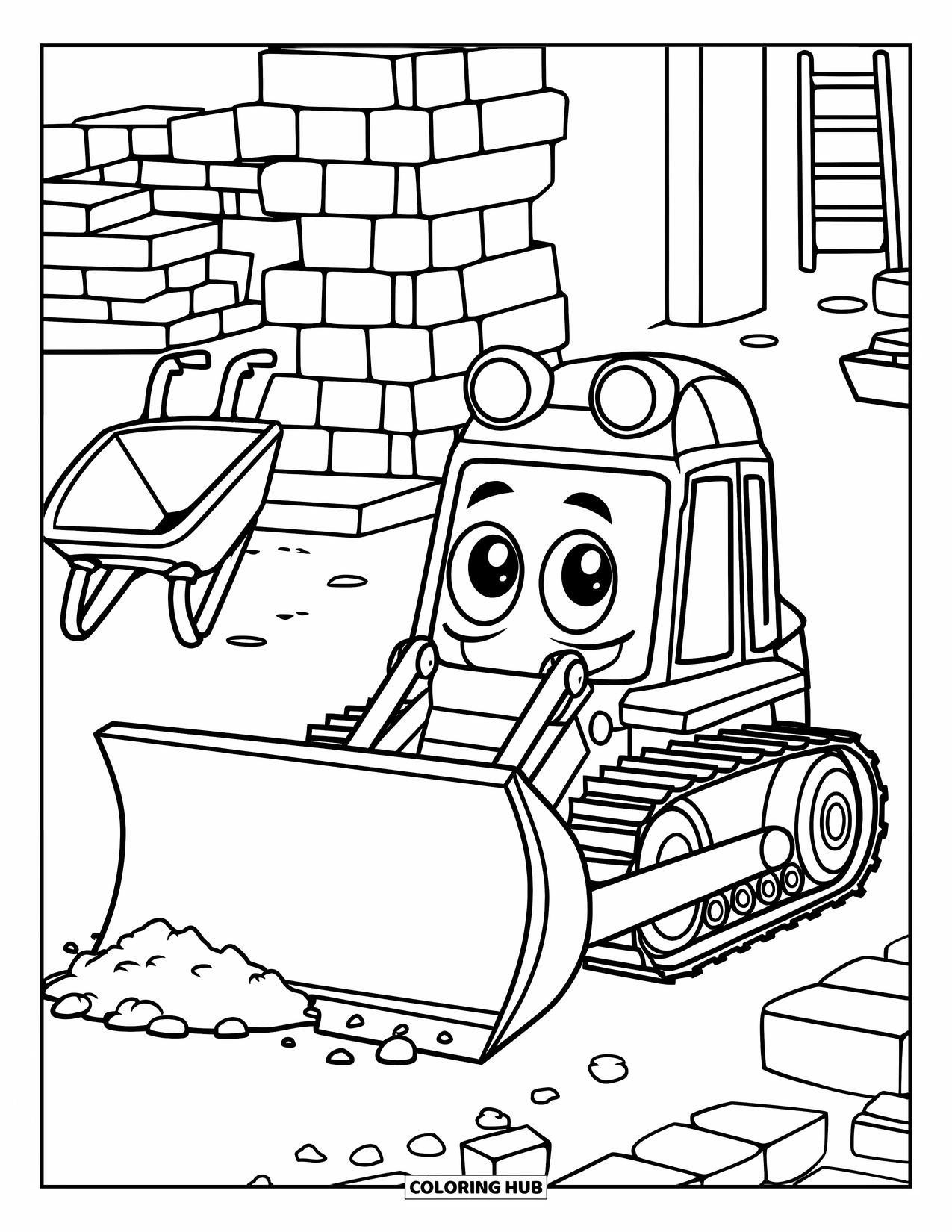 Bulldozer Coloring Page for Kids: Helmet-wearing bulldozer pushes dirt by bricks and a wheelbarrow