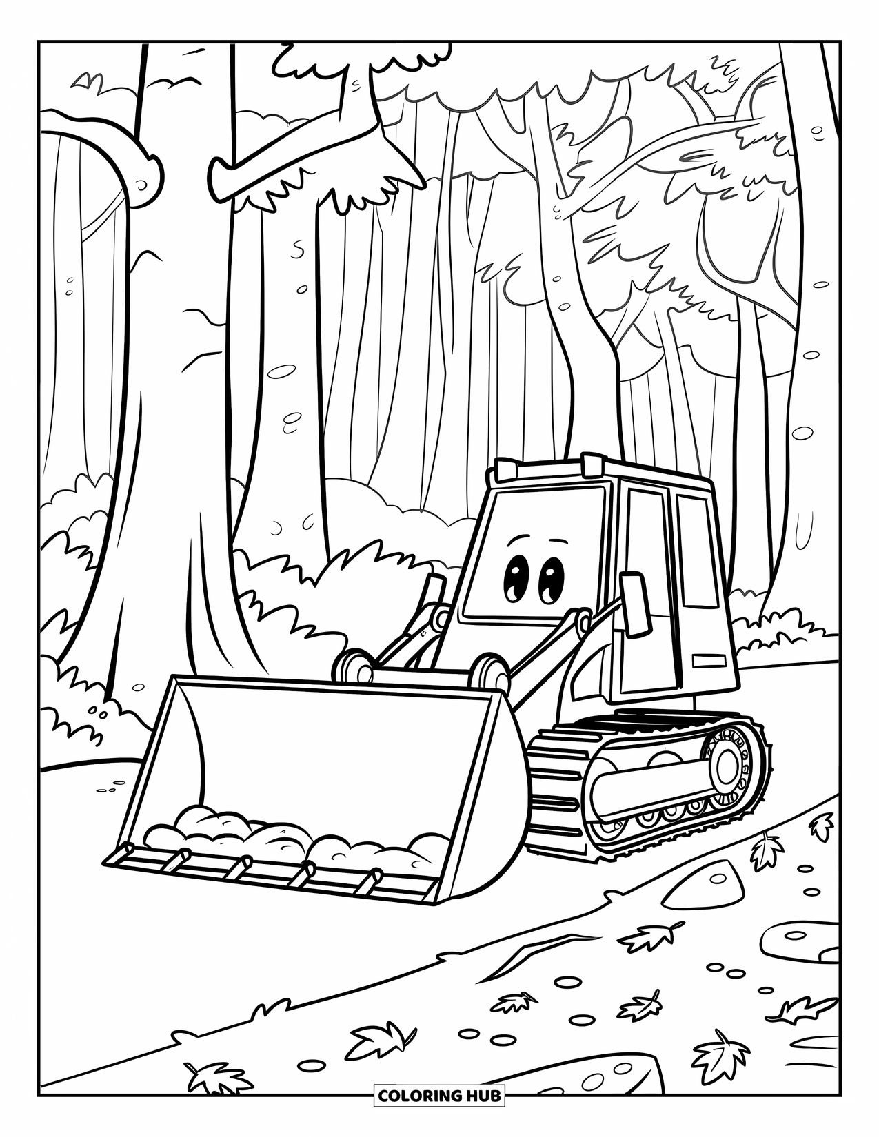 Bulldozer Coloring Page for Kids: Smiling bulldozer clears leaves and rocks along a forest path