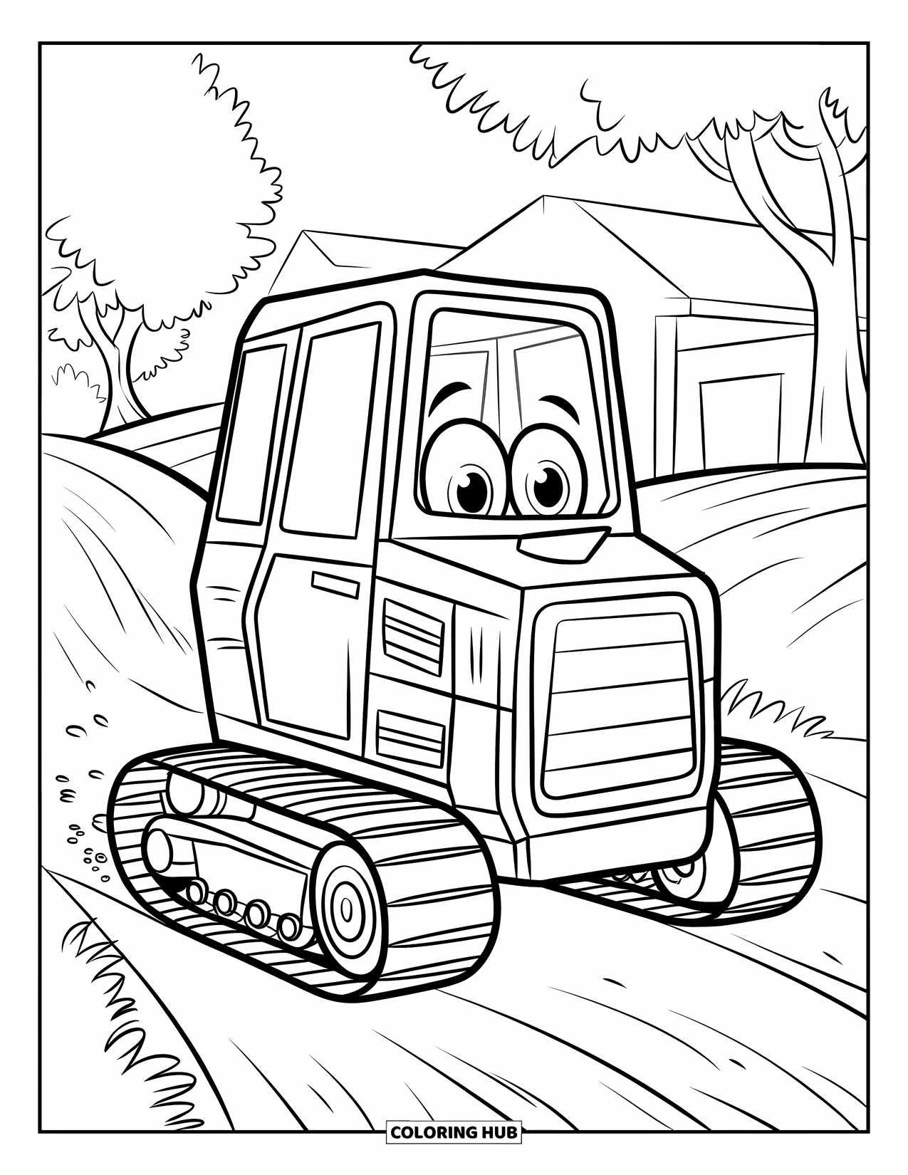 Bulldozer Coloring Page for Kids: Smiling bulldozer rolls over a dirt hill with bold, playful tracks