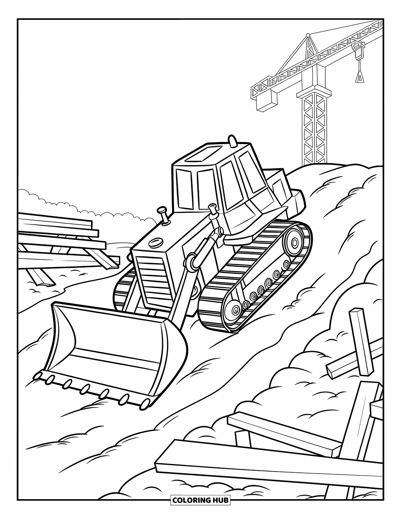 Bulldozer Coloring Page for Kids: Toy-like bulldozer climbs a dirt ramp near planks and a crane
