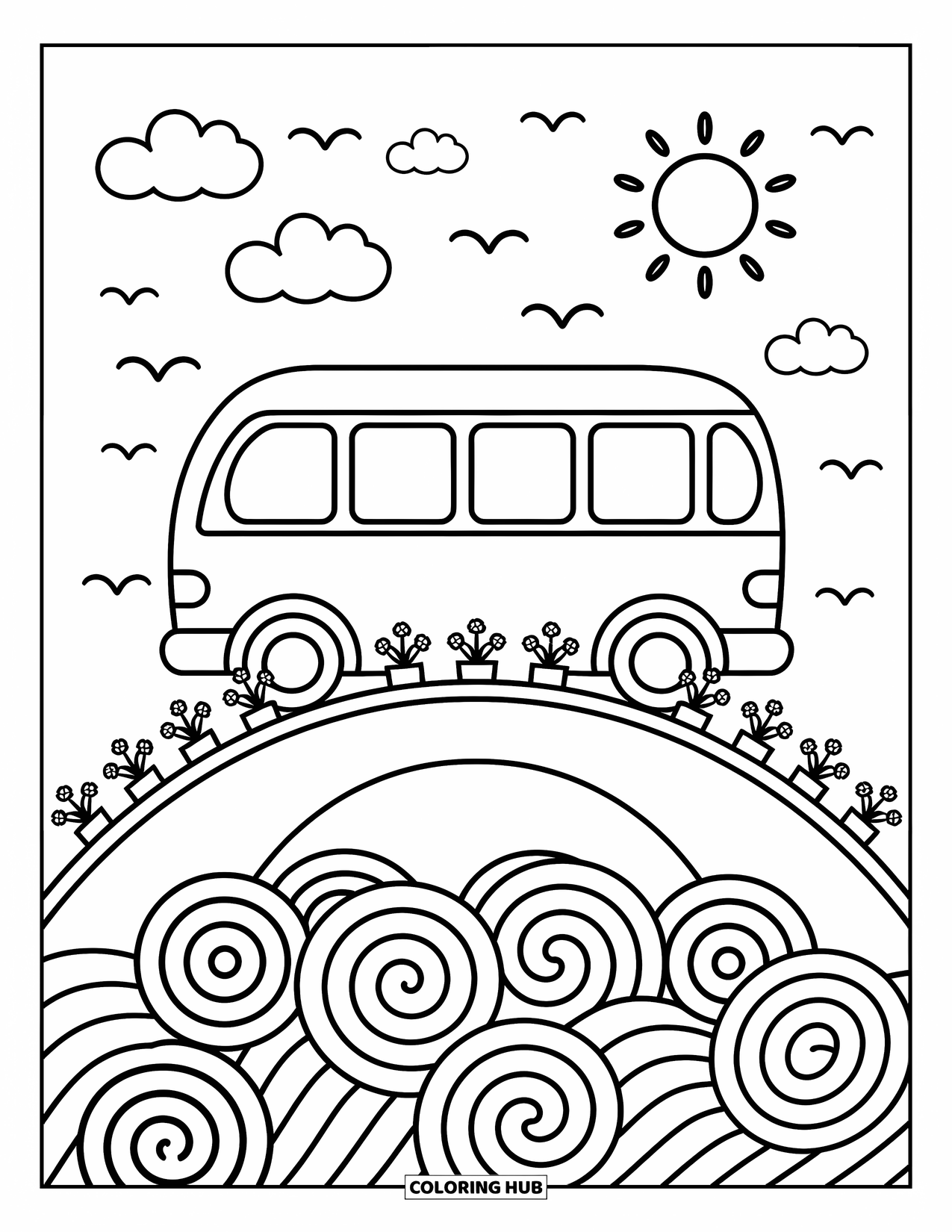 Bus Coloring Page for Adults: A bus rolls over a charming bridge with fluffy clouds, birds, and swirly waves below