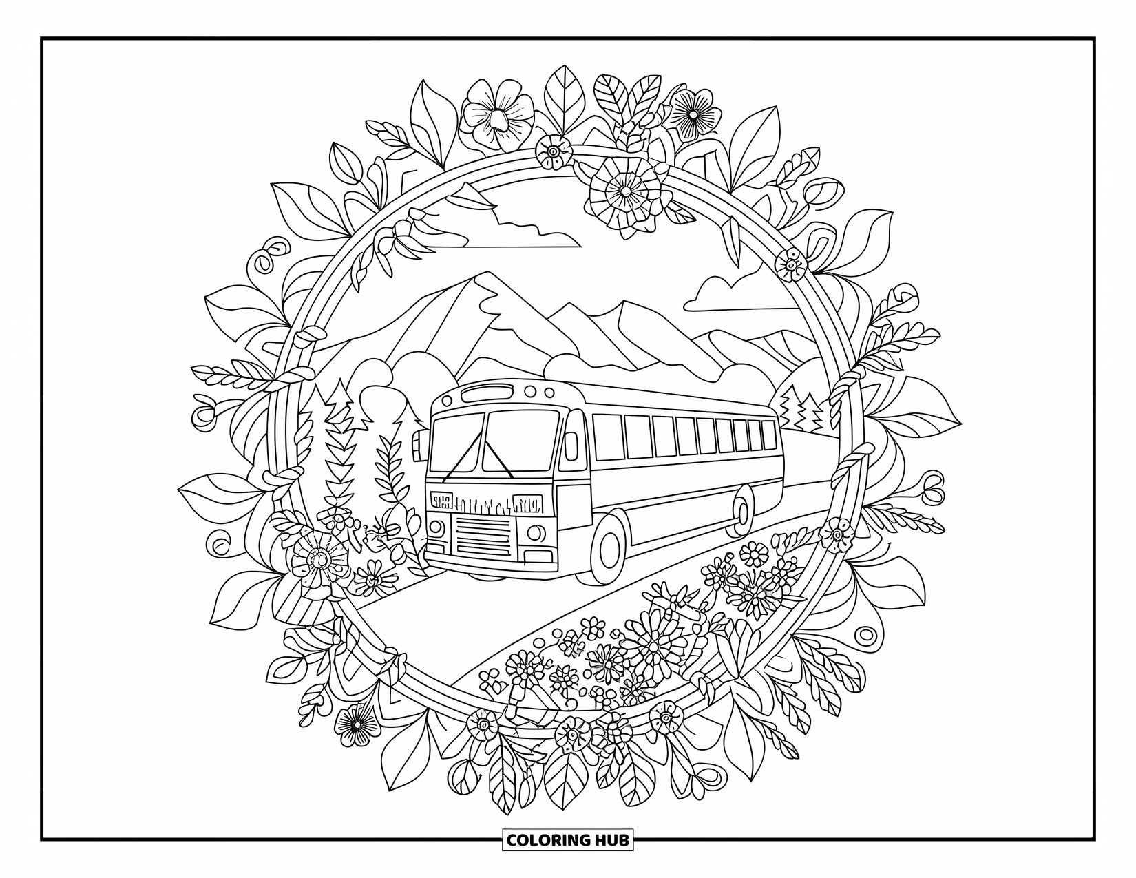 Bus Coloring Page for Adults: A bus sits on a path among mountains and intricate leaves, flowers, and vines