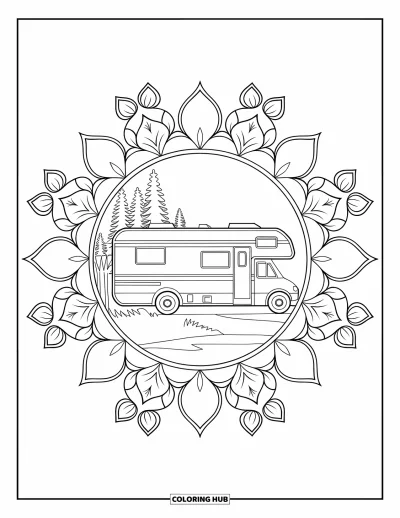Kleurplaat van een bus voor volwassenen: Een camperbus en mensen staan bij het water, omlijst door ronde bloemmandalapatronen