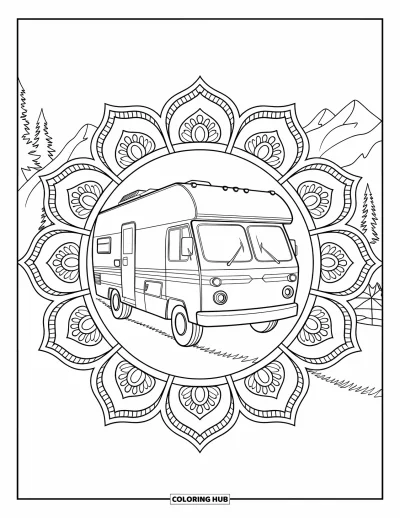 Kleurplaat van een bus voor volwassenen: Een camperbus staat rustig te midden van mandalabloemen, bergen en bomen