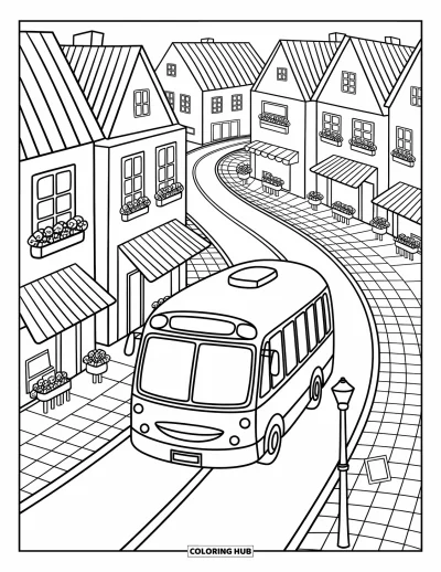 Kleurplaat van een bus voor volwassenen: Een vrolijke bus rijdt langs gezellige huizen, cafés en speelse bomen op een kronkelende straat