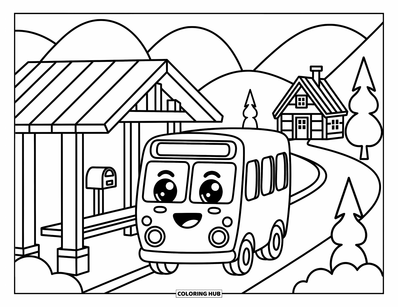 Bus Coloring Page for Adults: A cheerful bus with big eyes rests under a wooden shelter near trees and a tiny cabin