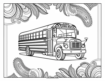 Kleurplaat van een bus voor volwassenen: Een klassieke bus is omgeven door wervelende paisleybladeren en decoratieve randen