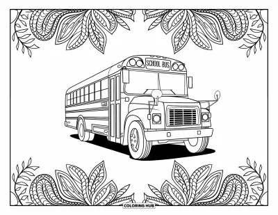 Kleurplaat van een bus voor volwassenen: Een klassieke schoolbus staat in het midden van gedetailleerde paisleybladpatronen