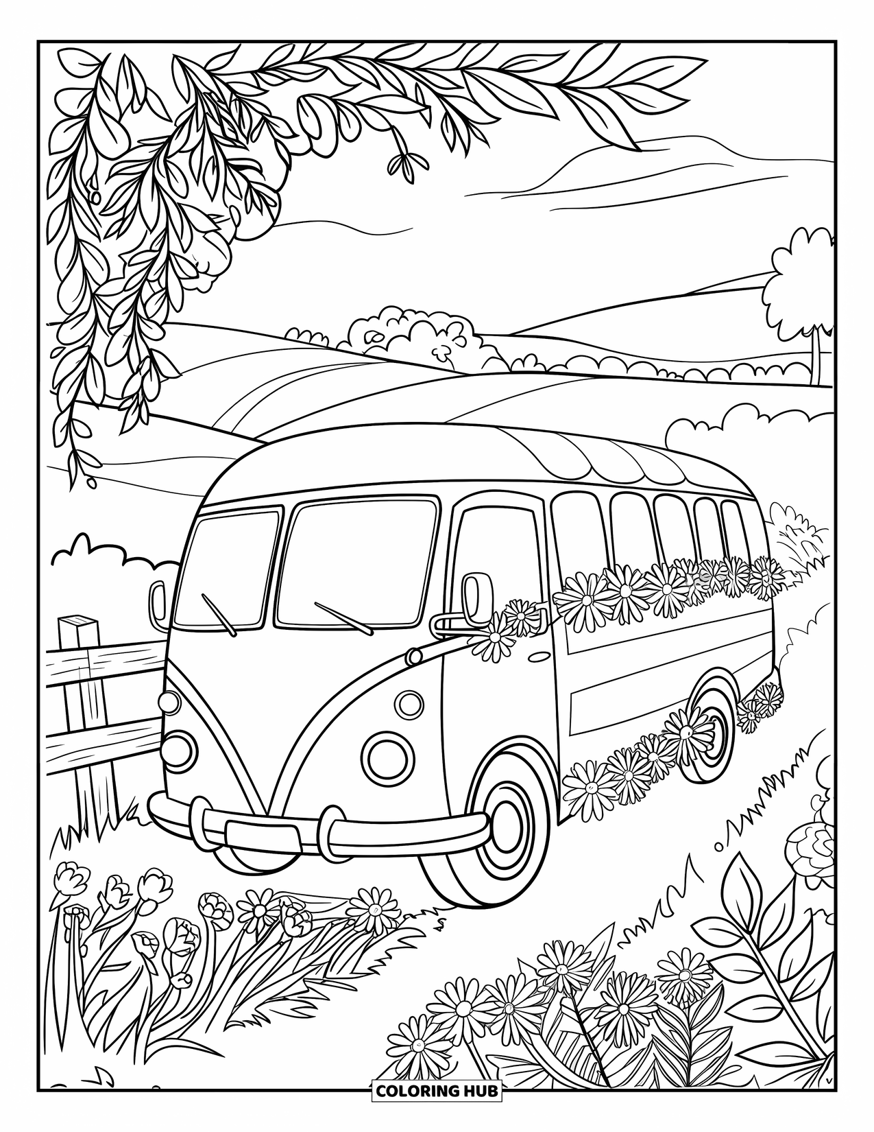 Bus Coloring Page for Adults: A cozy bus parks beside rolling hills, framed by floral vines and greenery