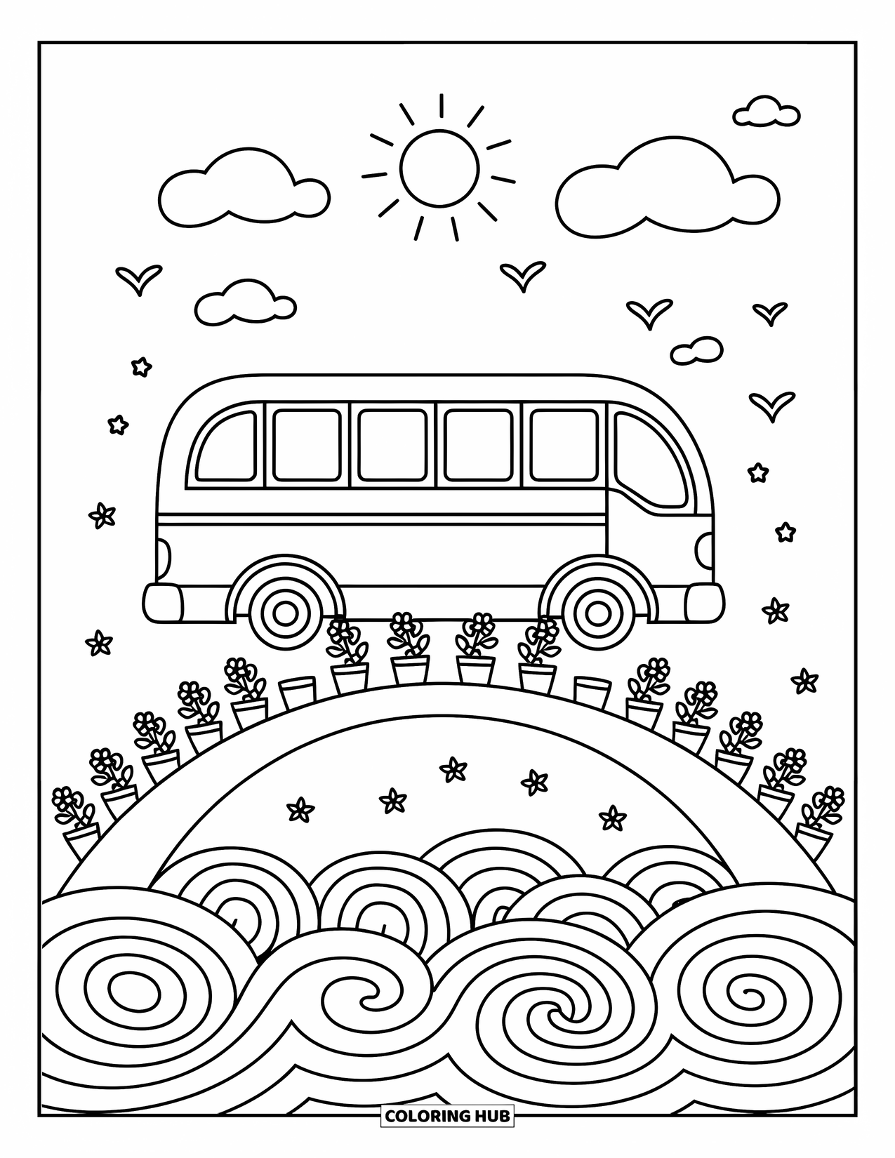 Bus Coloring Page for Adults: A cute bus glides over a bridge with a sunny sky and swirling water underneath