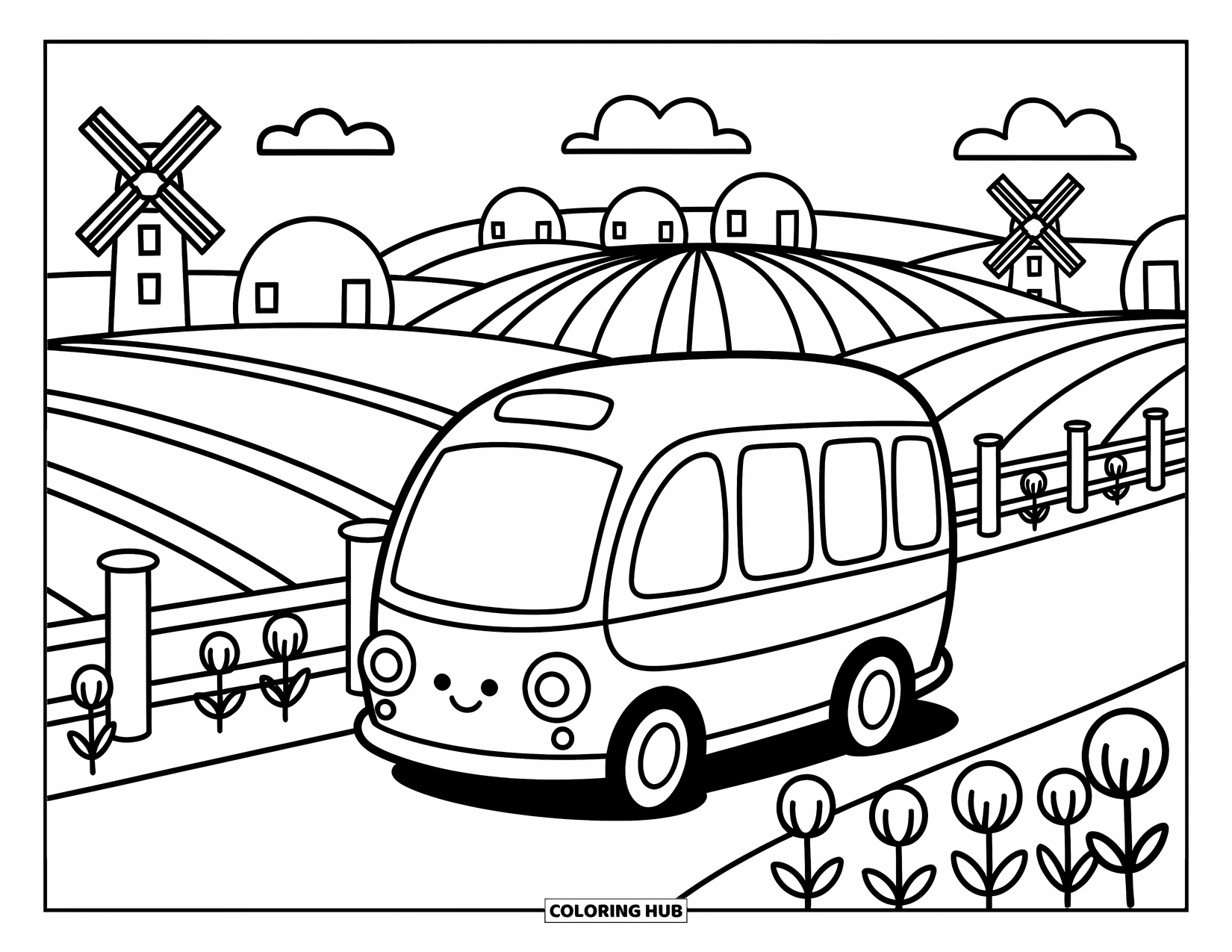 Bus Coloring Page for Adults: A cute countryside bus travels past haystacks, patchwork fields, and tiny blooming flowers